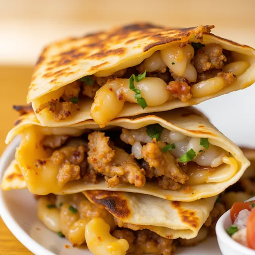 An appetizing Chicken Quesadilla, perfectly toasted, displaying vibrant fillings of chicken, cheese, and fresh vegetables.