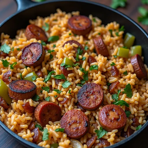 Detailed shot of Cajun Sausage and Rice Skillet with visible sausage slices, rice, and vegetables.