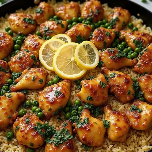 Beautifully arranged One Pan Honey Butter Garlic Chicken and Rice, showcasing juicy chicken thighs and fluffy rice in a warm setting.