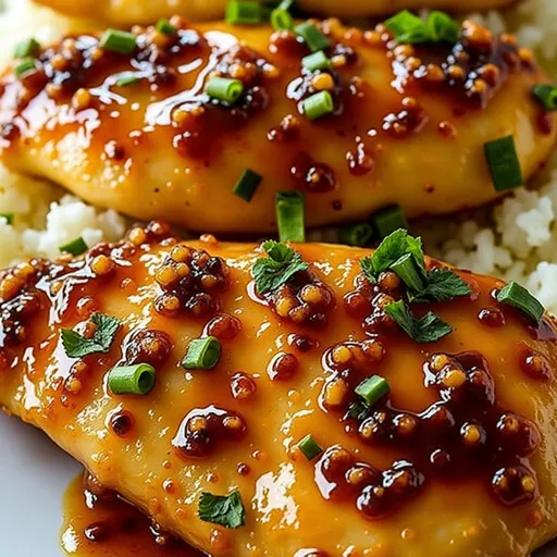 A detailed view of Honey Garlic Chicken Breasts, showcasing the glaze and texture with a blurred background.