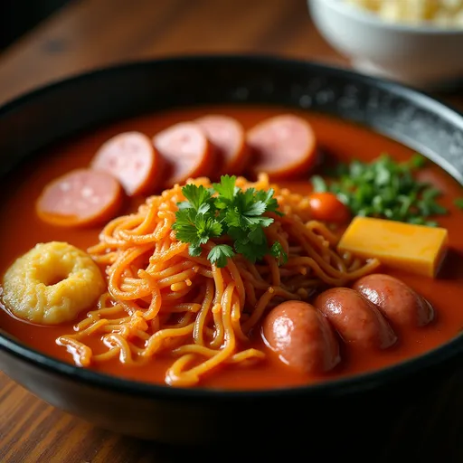 A cozy bowl of Budae Jjigae, showcasing ramen noodles, spices, and fresh vegetables in a rich, inviting broth.
