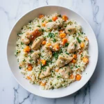 Overhead view of a bowl of creamy chicken and rice with diced carrots and parsley.