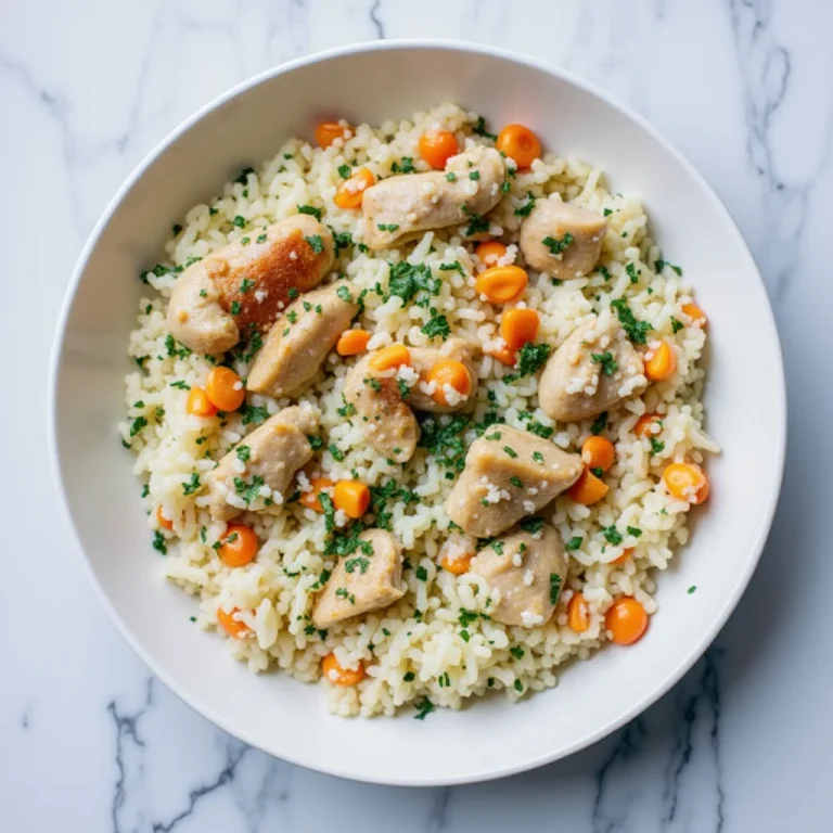 Overhead view of a bowl of creamy chicken and rice with diced carrots and parsley.