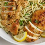 Delicious Honey Pepper Chicken Pasta on a white plate, garnished with fresh lemon wedges.