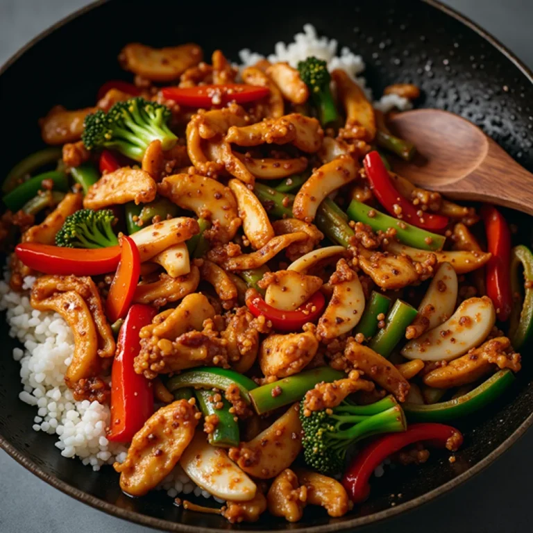Overhead shot of chicken stir fry with rice, broccoli, onions, and peppers in a dark bowl.