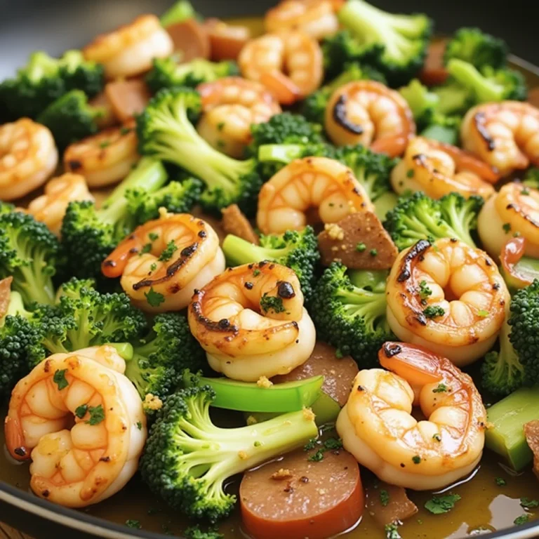 Close-up of sauteed shrimp, broccoli and sausage in a pan.