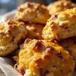Close-up of golden-brown cranberry brie bites piled on a beige napkin.
