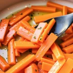 Close-up of honey glazed carrots in a skillet with a black serving spoon.