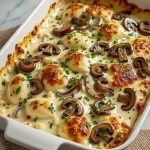 Delicious keto chicken casserole with mushrooms in a white baking dish.