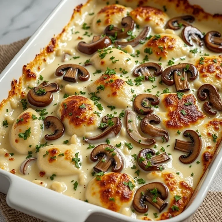 Delicious keto chicken casserole with mushrooms in a white baking dish.