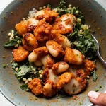 Buffalo chicken bowl with kale and avocado, served in a rustic blue bowl.