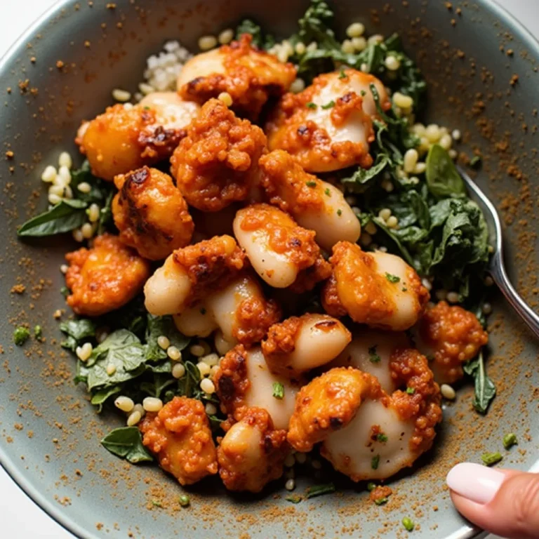 Buffalo chicken bowl with kale and avocado, served in a rustic blue bowl.