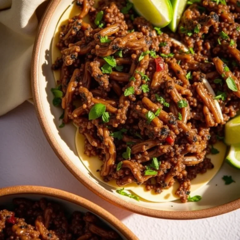 Close-up of shredded beef tacos with lime wedges on a tan plate.
