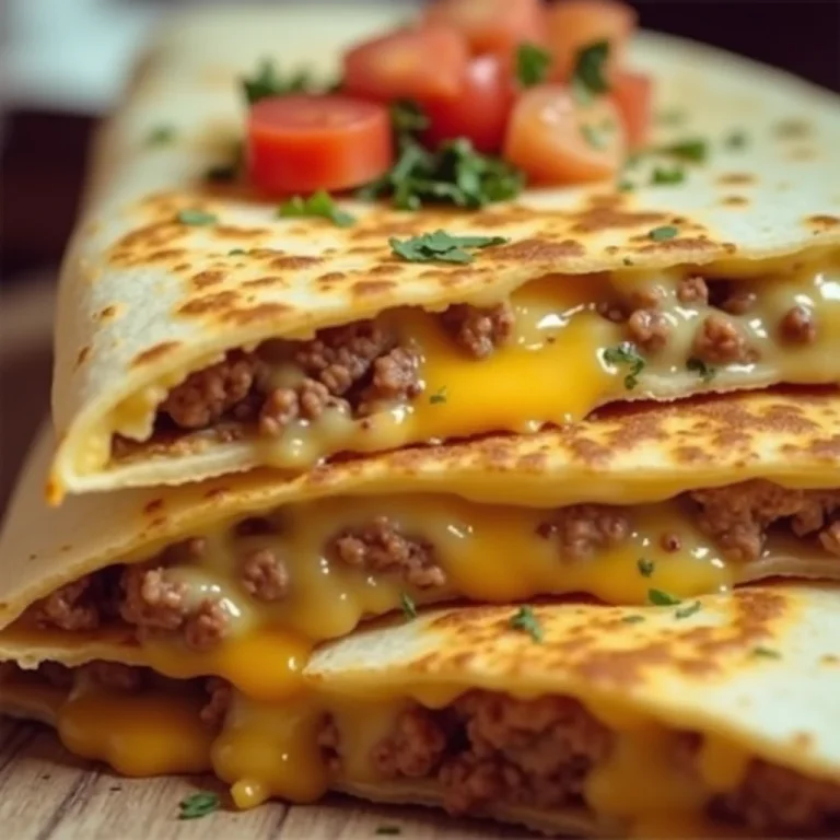 Stack of smashburger quesadillas with toppings and dipping sauce.