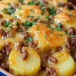 Close-up of a cheesy potato and beef casserole.