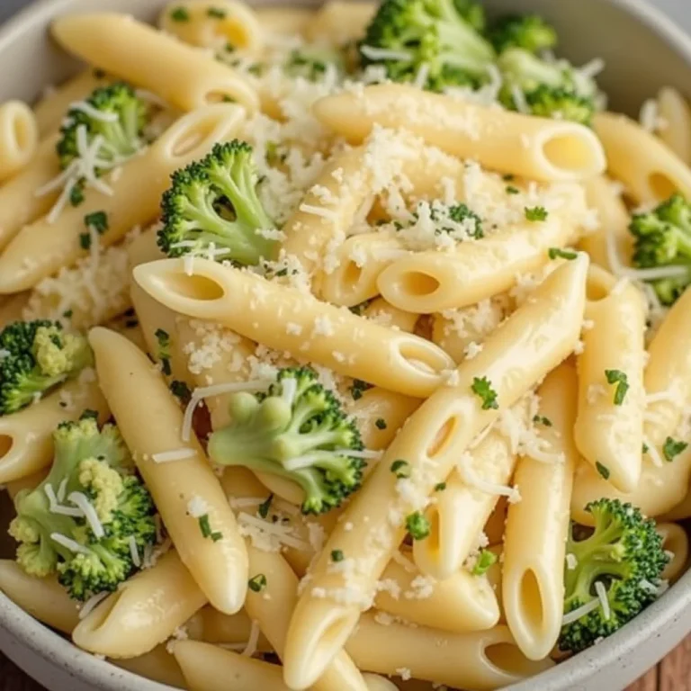 Bowl of creamy broccoli cheese pasta.