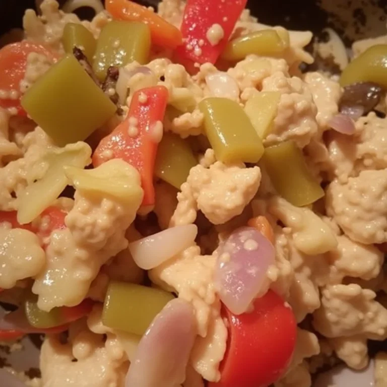 Creamy chicken veggie bowl close-up.