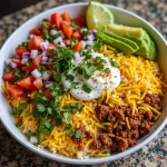 High-angle view of a colorful taco rice bowl with various toppings like ground beef, cheese, sour cream, tomatoes, onions, avocado, lime and cilantro.