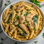 Garlic Parmesan Chicken Pasta in a white bowl with fresh parsley on a white marble surface.
