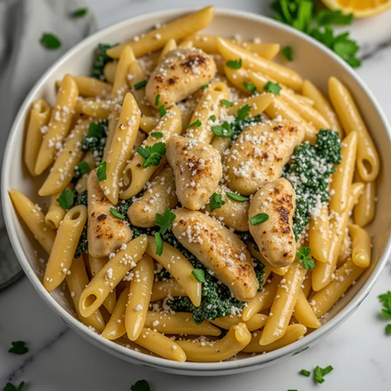 Garlic Parmesan Chicken Pasta in a white bowl with fresh parsley on a white marble surface.