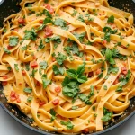 Overhead shot of vegan sun-dried tomato pasta in a skillet.
