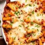 Cheesy chicken pasta bake in a white dish.