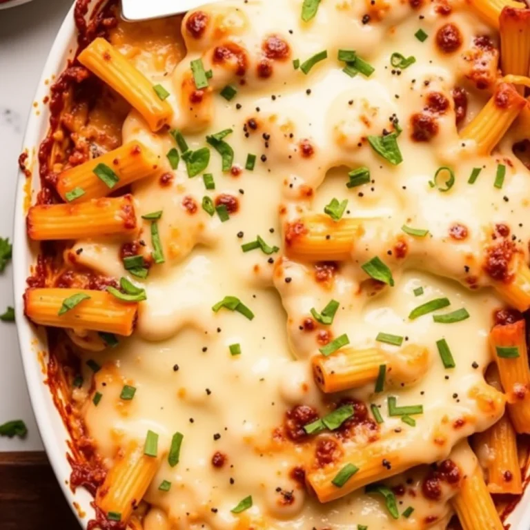 Cheesy chicken pasta bake in a white dish.