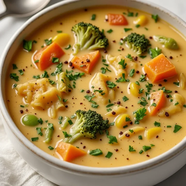 Close-up of a bowl of creamy veggie pot pie soup with broccoli, carrots, peas, and herbs.
