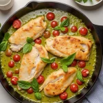 Overhead shot of creamy chicken pesto pasta in a skillet.