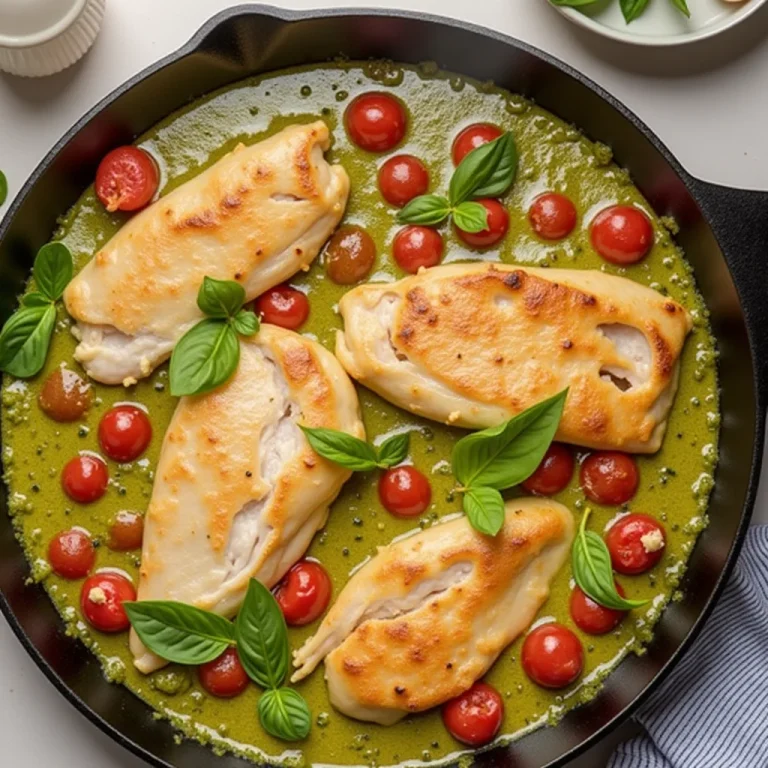 Overhead shot of creamy chicken pesto pasta in a skillet.