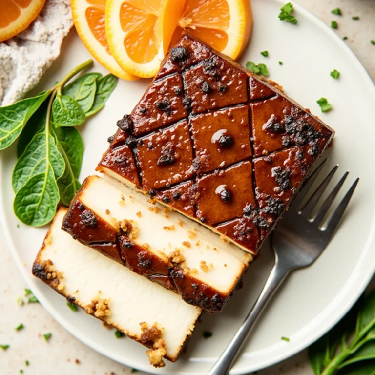 Overhead shot of brown sugar glazed tofu on a plate, garnished with orange slices and mint.