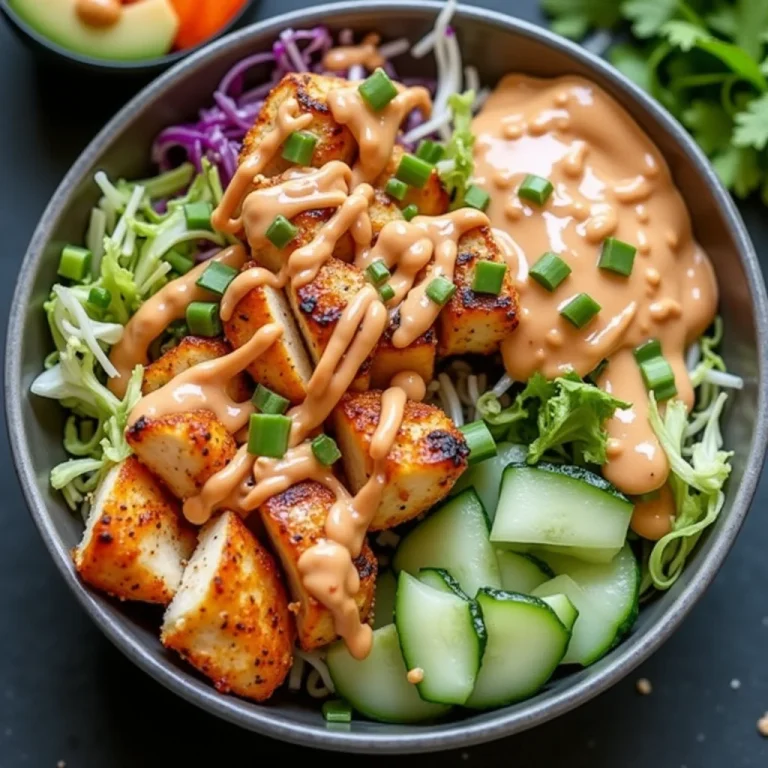 Overhead view of a Bang Bang Chicken Bowl with lettuce, cabbage, cucumber, chicken, and a creamy sauce.
