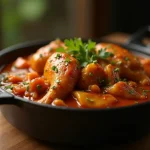 Overhead shot of a beautifully plated chicken dish with colorful garnishes in a ceramic bowl.