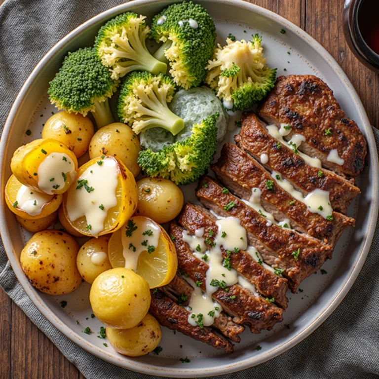 Garlic butter steak plated with broccoli and potatoes
