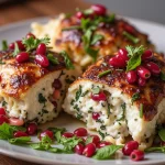 Close-up of stuffed chicken breasts garnished with pomegranate seeds and herbs on a white plate.