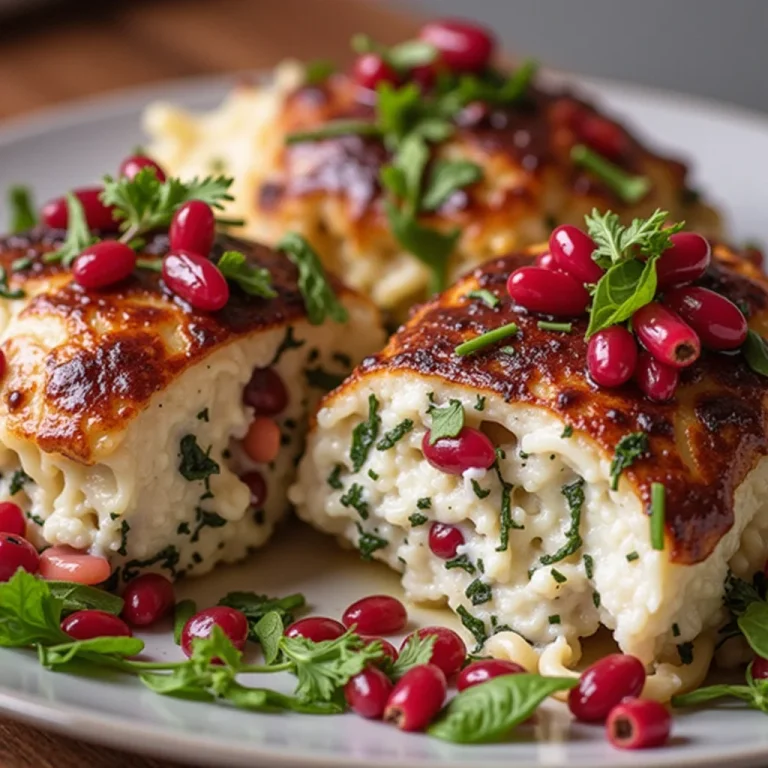Close-up of stuffed chicken breasts garnished with pomegranate seeds and herbs on a white plate.