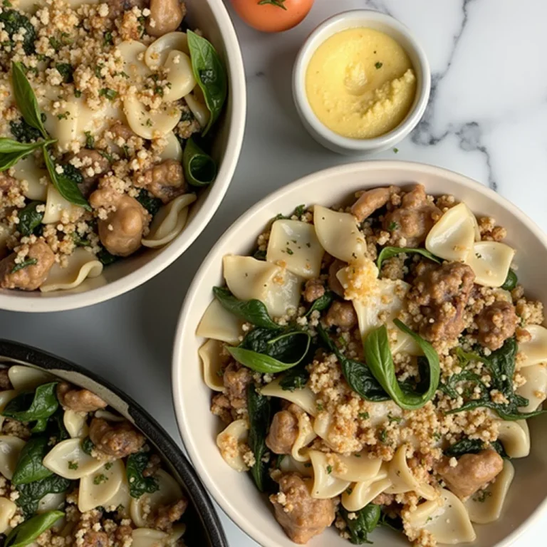 Bow tie pasta dish with sausage, beans, and greens served in bowls.