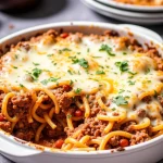 Cheesy ground beef pasta in a white casserole dish.