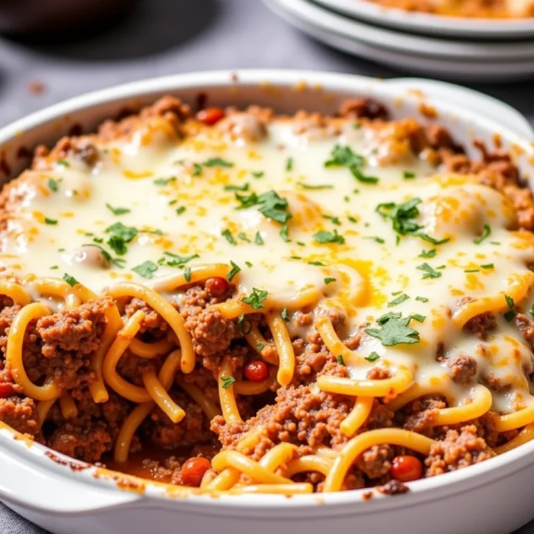 Cheesy ground beef pasta in a white casserole dish.
