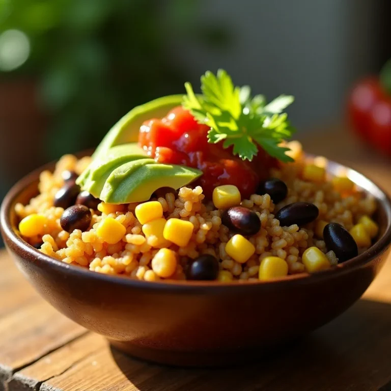 Overhead view of a colorful vegan burrito bowl with quinoa, black beans, corn, salsa, avocado, lime slices, and vegan sour cream.