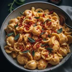 Overhead view of a bowl of creamy pasta with sun-dried tomatoes and sage.