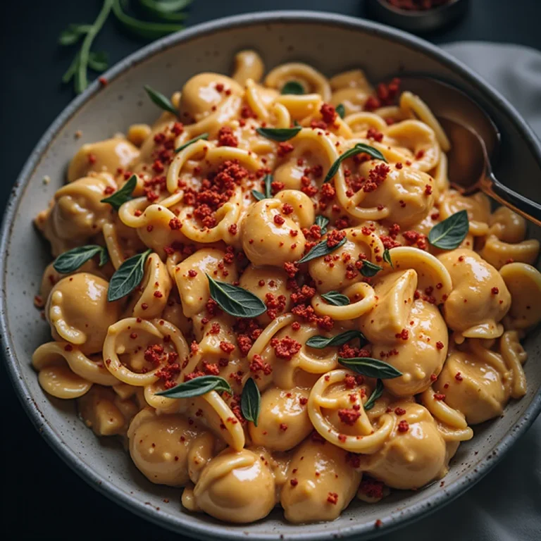 Overhead view of a bowl of creamy pasta with sun-dried tomatoes and sage.