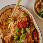 Overhead shot of Easy Marry Me Chicken and rice in a white dish with a gold spoon, garnished with basil.