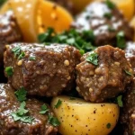 Close-up of slow cooker beef bites and potatoes, garnished with fresh herbs.