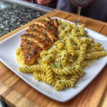 Creamy Garlic Parmesan Chicken Pasta served on a white square plate over wooden board