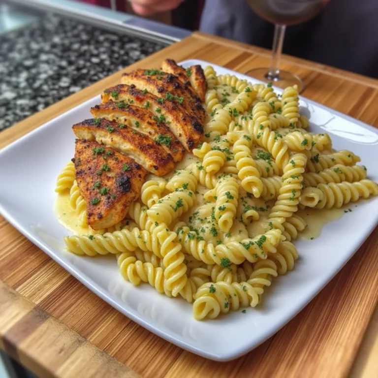 Creamy Garlic Parmesan Chicken Pasta served on a white square plate over wooden board