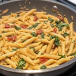 Penne pasta with spinach and sun-dried tomatoes in a creamy sauce.