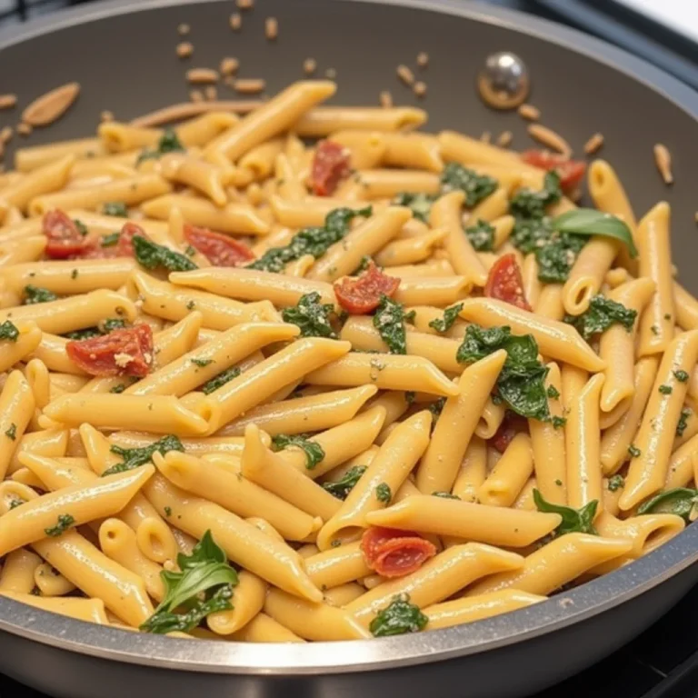 Penne pasta with spinach and sun-dried tomatoes in a creamy sauce.