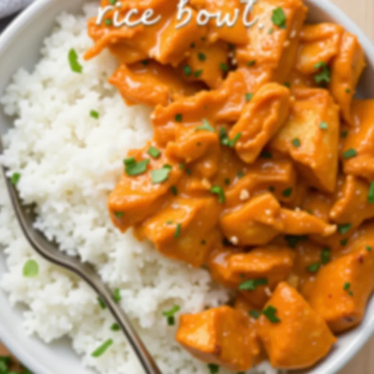 Overhead shot of coconut chicken rice bowl with parsley garnish and antique fork.