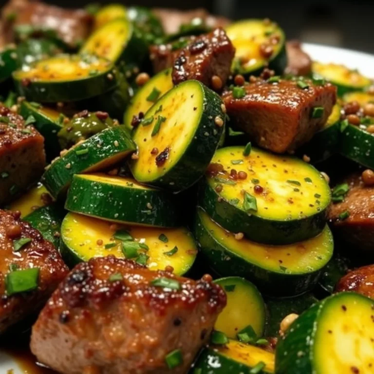 Close-up of garlic butter steak with zucchini on a white plate.